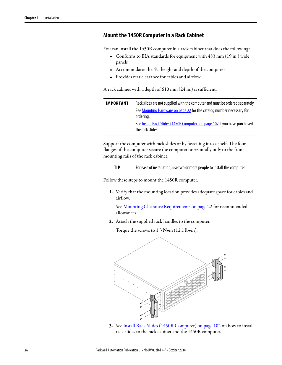 Mount the 1450r computer in a rack cabinet | Rockwell Automation 6189V-xxxx Non-display Industrial Computers User Manual User Manual | Page 26 / 108