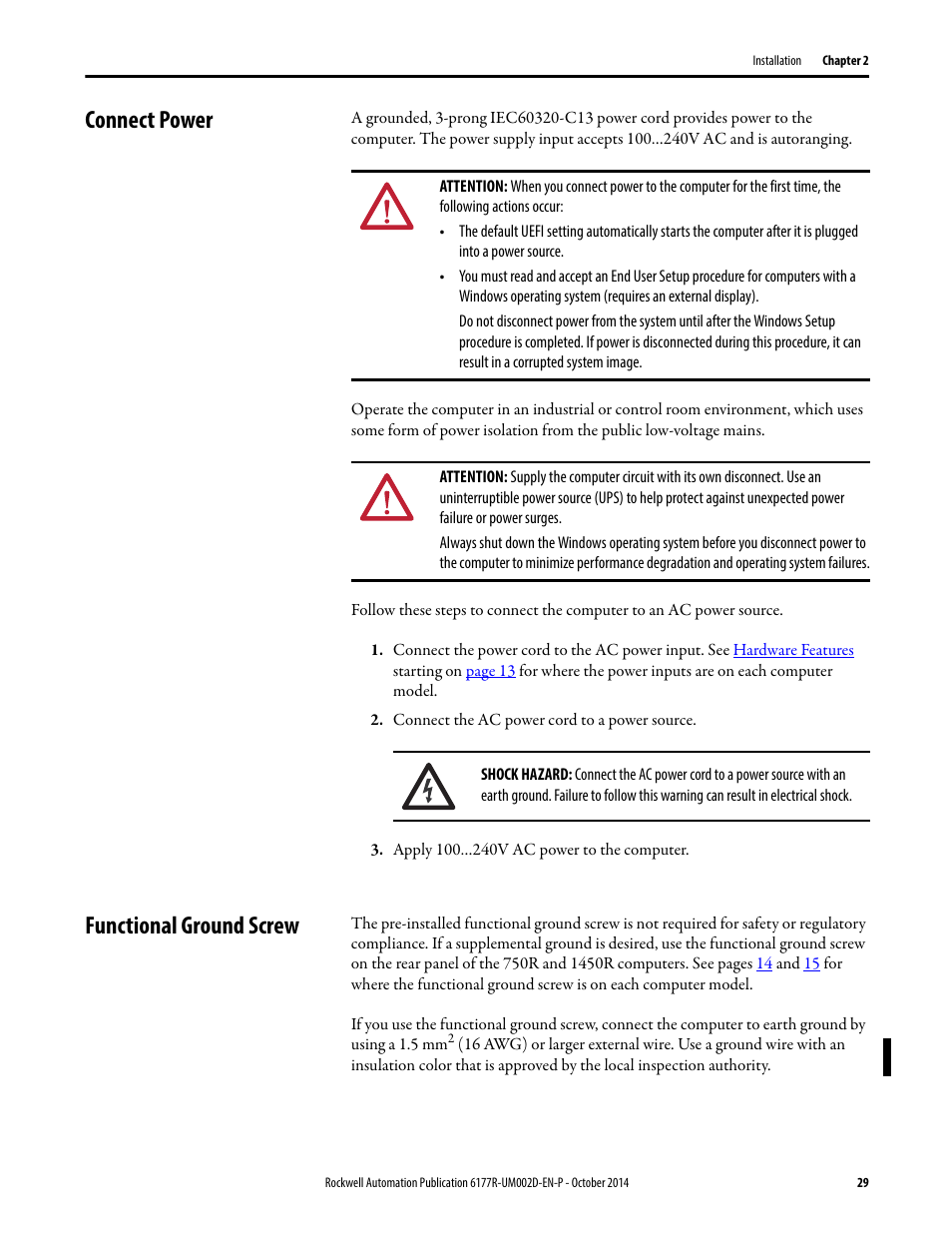 Connect power, Functional ground screw, Connect power functional ground screw | Rockwell Automation 6189V-xxxx Non-display Industrial Computers User Manual User Manual | Page 29 / 108