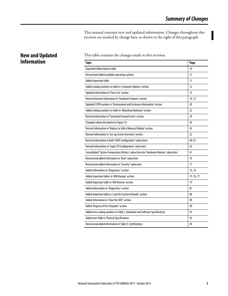Summary of changes, New and updated information | Rockwell Automation 6189V-xxxx Non-display Industrial Computers User Manual User Manual | Page 3 / 108