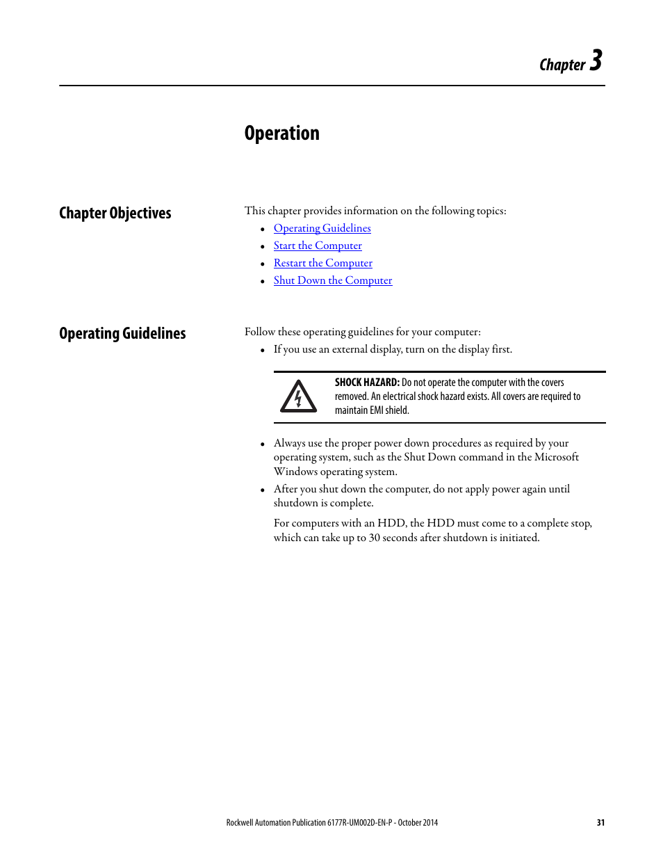 3 - operation, Chapter objectives, Operating guidelines | Chapter 3, Operation, Chapter objectives operating guidelines, Chapter | Rockwell Automation 6189V-xxxx Non-display Industrial Computers User Manual User Manual | Page 31 / 108