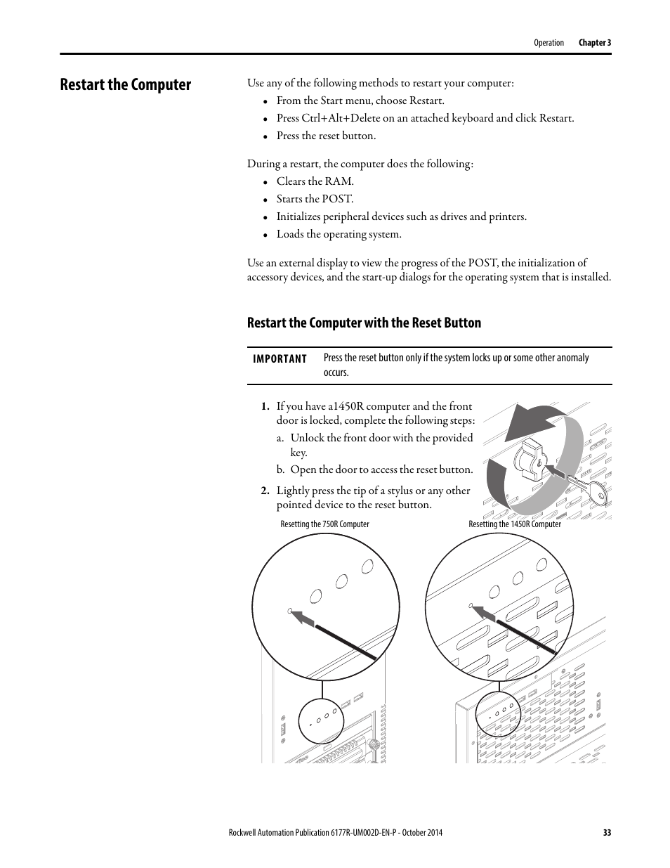 Restart the computer, Restart the computer with the reset button, Restart the | Rockwell Automation 6189V-xxxx Non-display Industrial Computers User Manual User Manual | Page 33 / 108