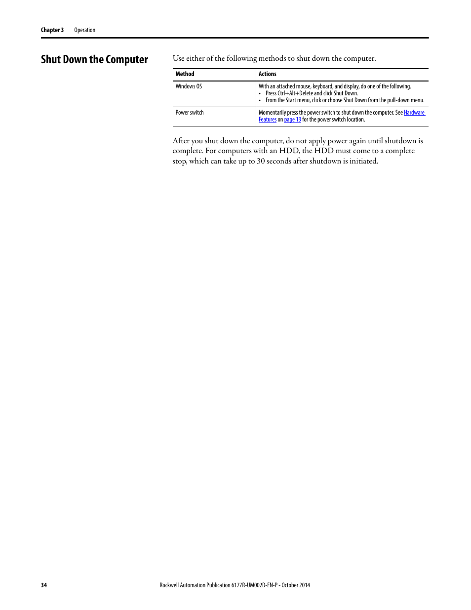 Shut down the computer | Rockwell Automation 6189V-xxxx Non-display Industrial Computers User Manual User Manual | Page 34 / 108