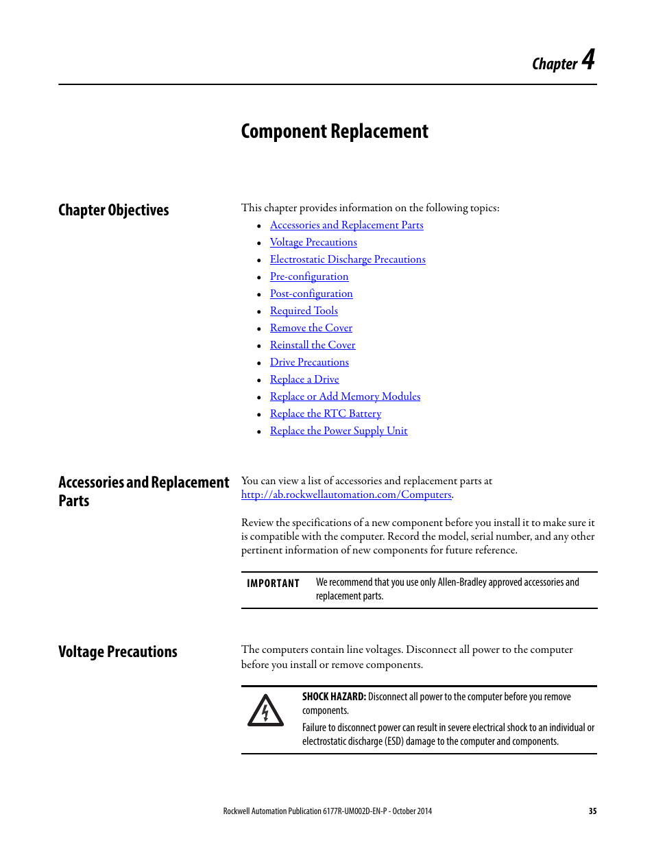 4 - component replacement, Chapter objectives, Accessories and replacement parts | Voltage precautions, Chapter 4, Component replacement, Chapter | Rockwell Automation 6189V-xxxx Non-display Industrial Computers User Manual User Manual | Page 35 / 108