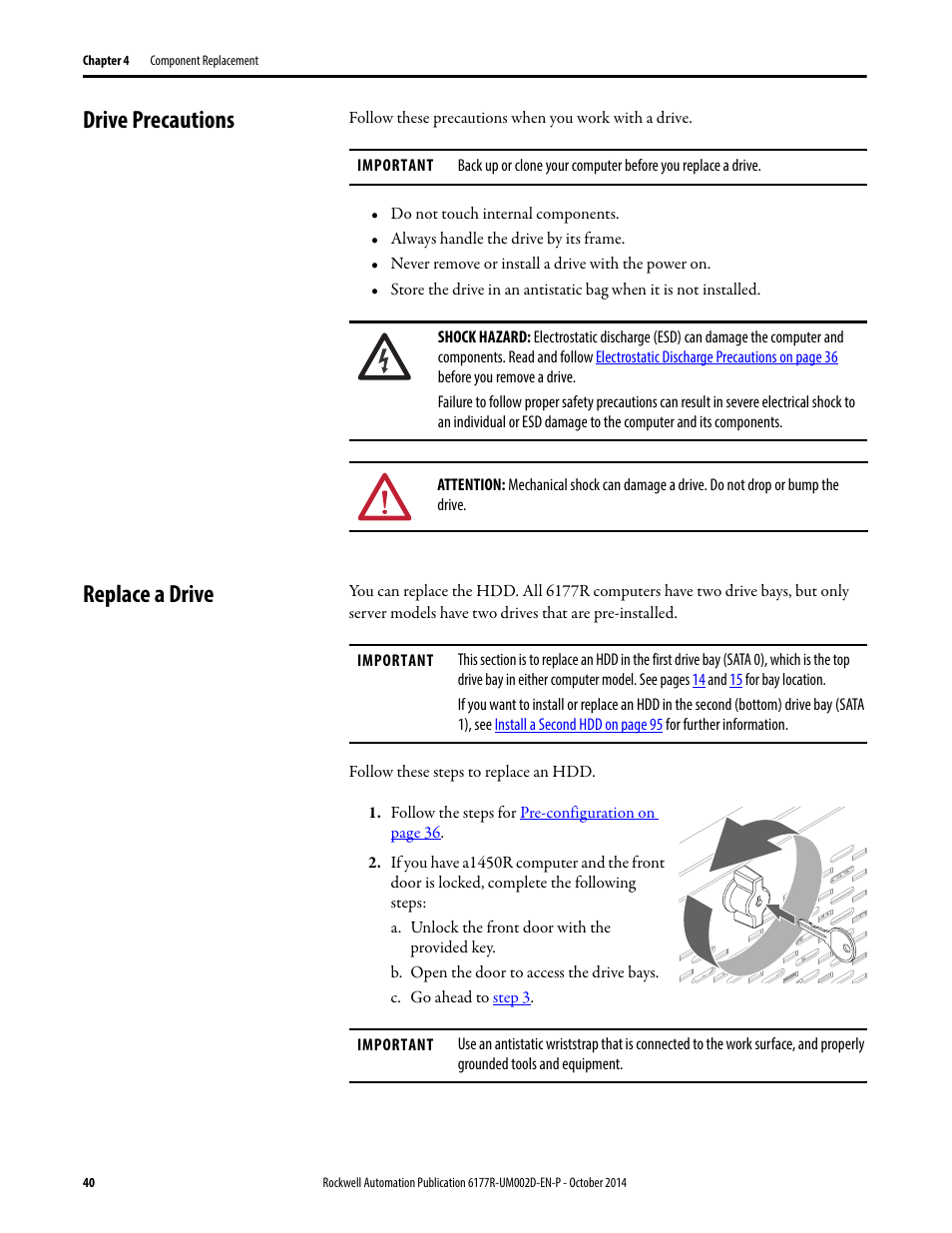 Drive precautions, Replace a drive, Drive precautions replace a drive | Rockwell Automation 6189V-xxxx Non-display Industrial Computers User Manual User Manual | Page 40 / 108