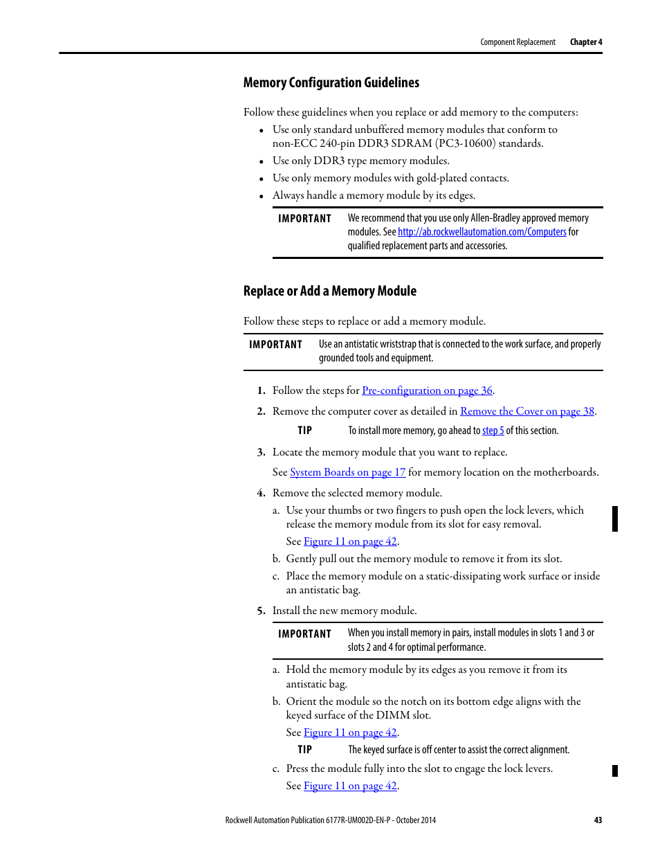 Memory configuration guidelines, Replace or add a memory module | Rockwell Automation 6189V-xxxx Non-display Industrial Computers User Manual User Manual | Page 43 / 108