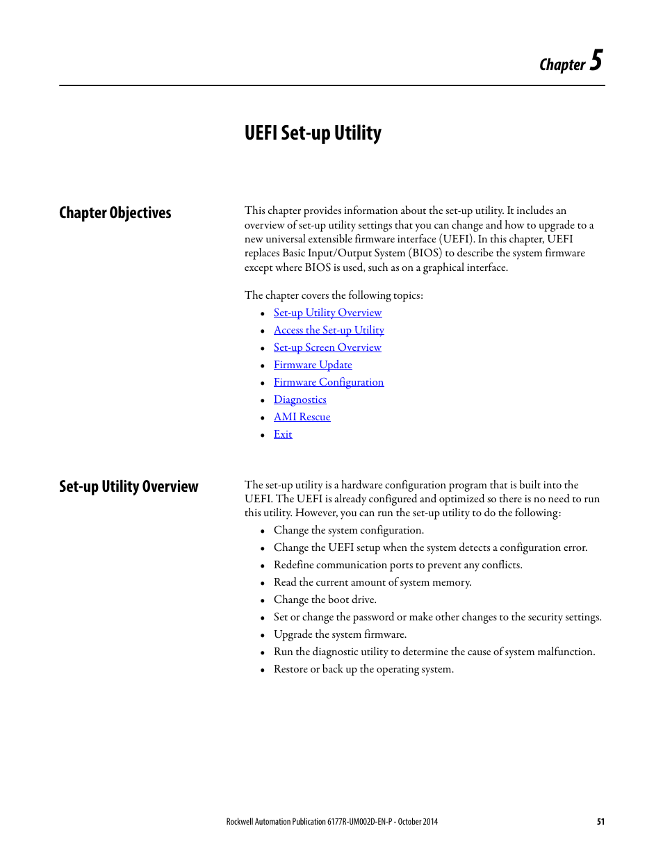 5 - uefi set-up utility, Chapter objectives, Set-up utility overview | Chapter 5, Uefi set-up utility, Chapter objectives set-up utility overview, Chapter | Rockwell Automation 6189V-xxxx Non-display Industrial Computers User Manual User Manual | Page 51 / 108