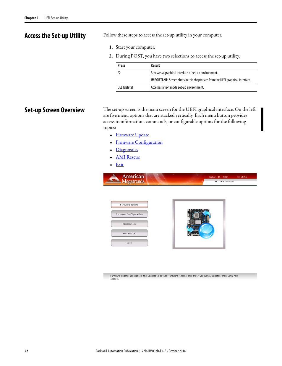 Access the set-up utility, Set-up screen overview, Access the set-up utility set-up screen overview | Rockwell Automation 6189V-xxxx Non-display Industrial Computers User Manual User Manual | Page 52 / 108