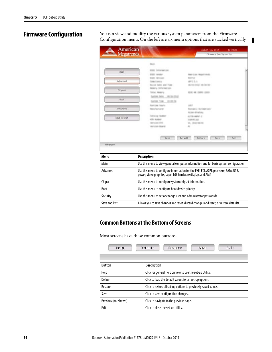 Firmware configuration, Common buttons at the bottom of screens | Rockwell Automation 6189V-xxxx Non-display Industrial Computers User Manual User Manual | Page 54 / 108