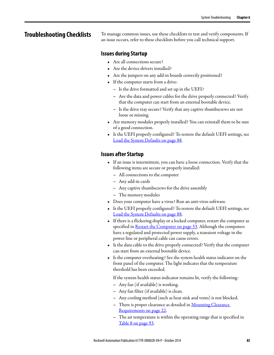 Troubleshooting checklists, Issues during startup, Issues after startup | Issues during startup issues after startup | Rockwell Automation 6189V-xxxx Non-display Industrial Computers User Manual User Manual | Page 85 / 108