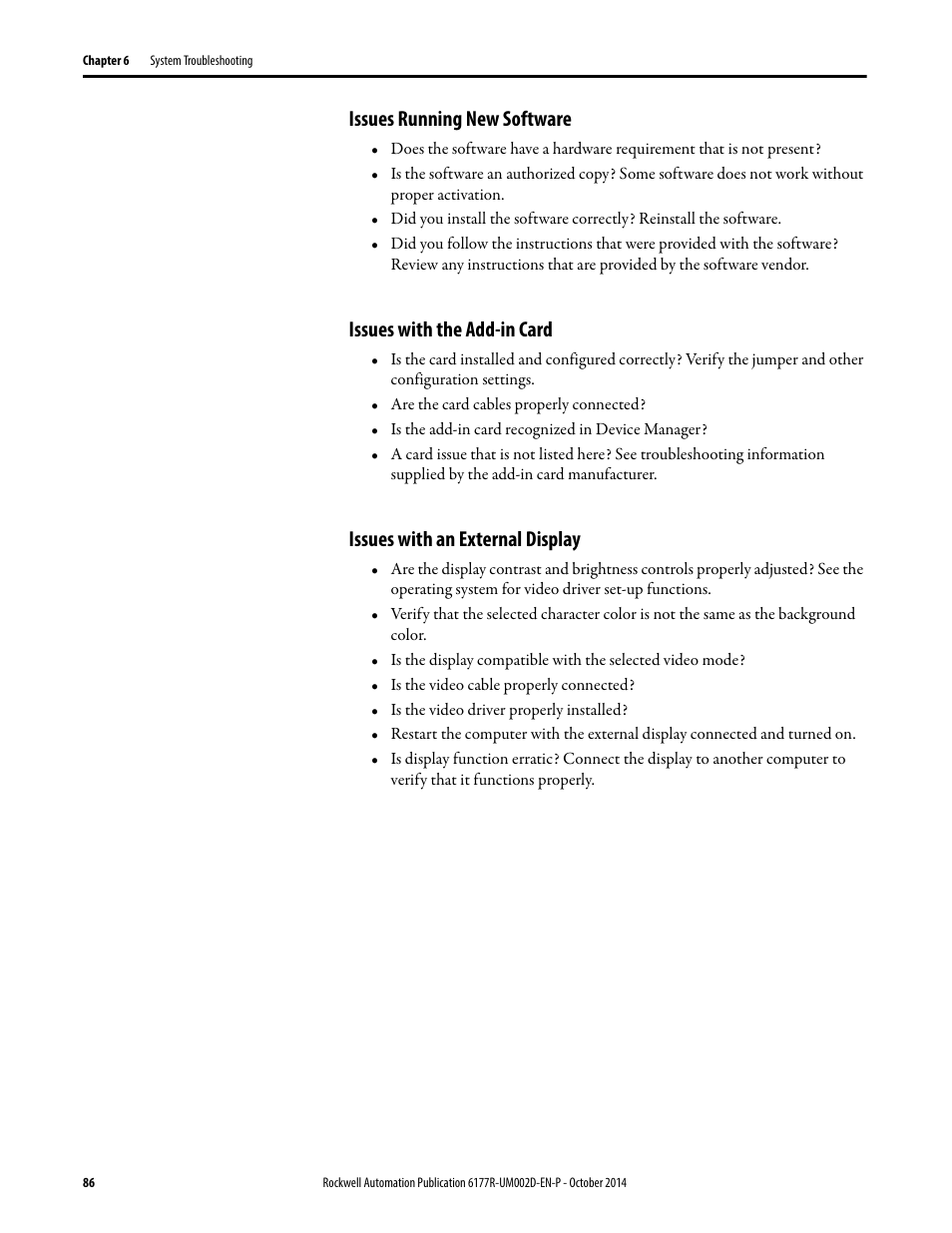 Issues running new software, Issues with the add-in card, Issues with an external display | Rockwell Automation 6189V-xxxx Non-display Industrial Computers User Manual User Manual | Page 86 / 108