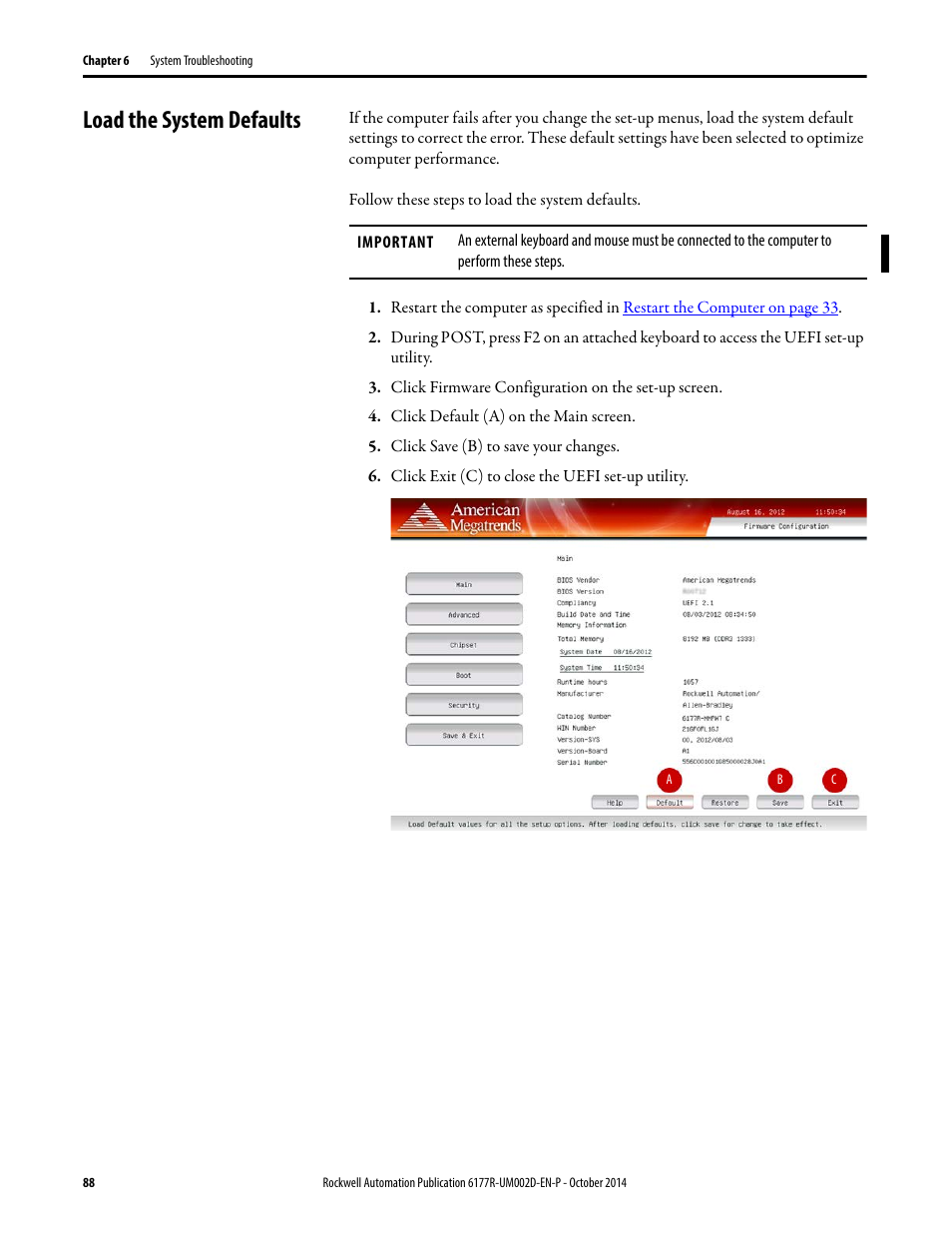 Load the system defaults | Rockwell Automation 6189V-xxxx Non-display Industrial Computers User Manual User Manual | Page 88 / 108