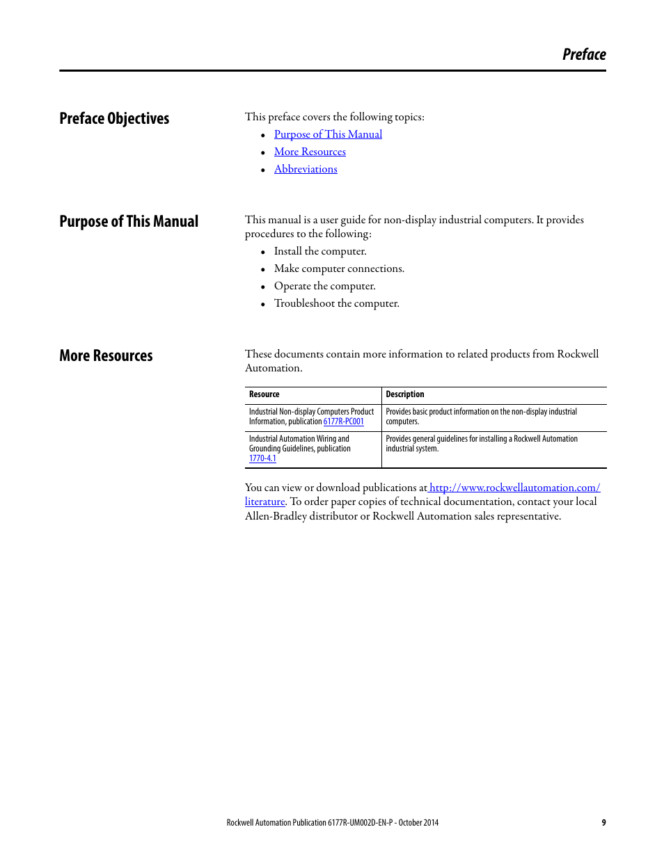 Preface, Preface objectives, Purpose of this manual | More resources, Preface preface objectives | Rockwell Automation 6189V-xxxx Non-display Industrial Computers User Manual User Manual | Page 9 / 108