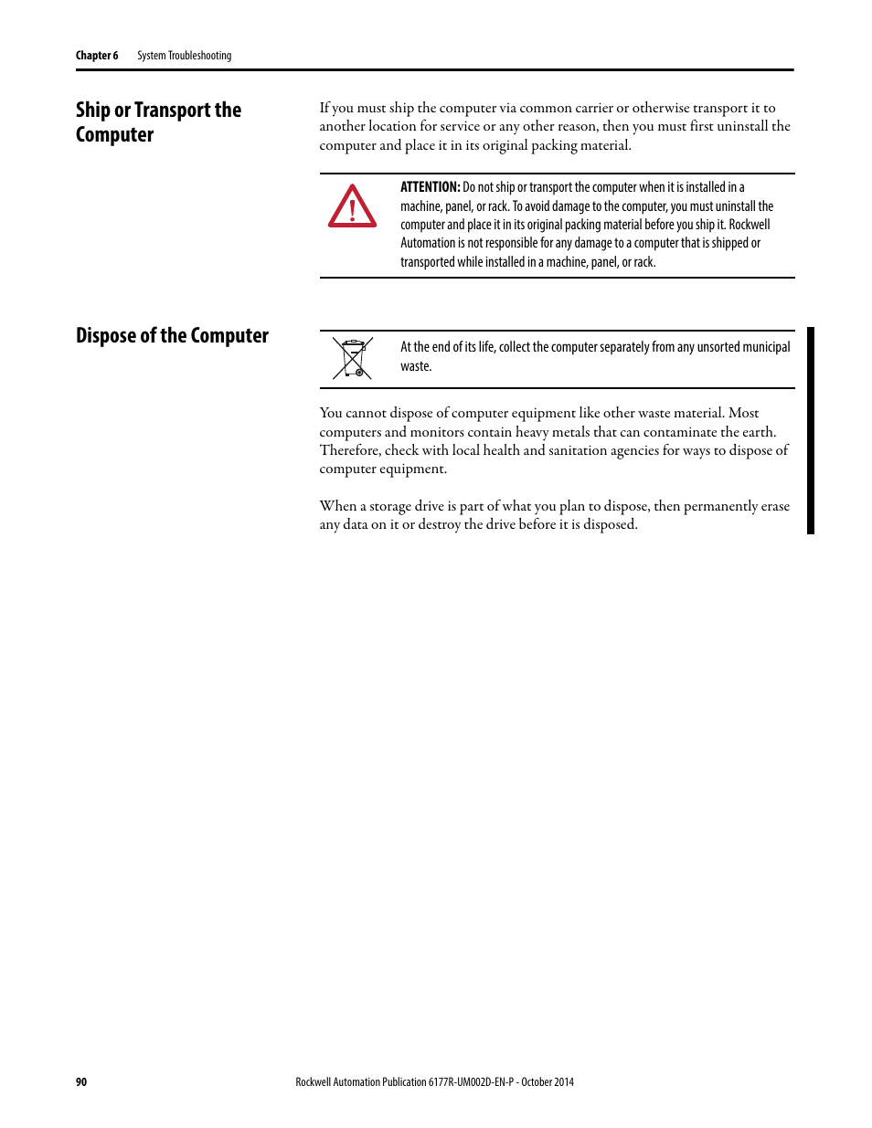 Ship or transport the computer, Dispose of the computer | Rockwell Automation 6189V-xxxx Non-display Industrial Computers User Manual User Manual | Page 90 / 108