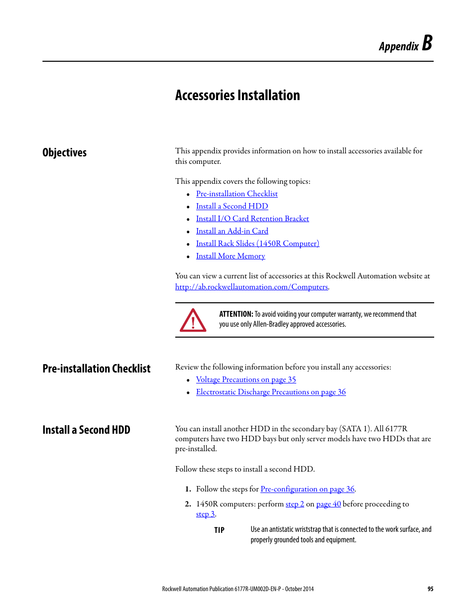 B - accessories installation, Objectives, Pre-installation checklist | Install a second hdd, Appendix b, Accessories installation, Appendix | Rockwell Automation 6189V-xxxx Non-display Industrial Computers User Manual User Manual | Page 95 / 108