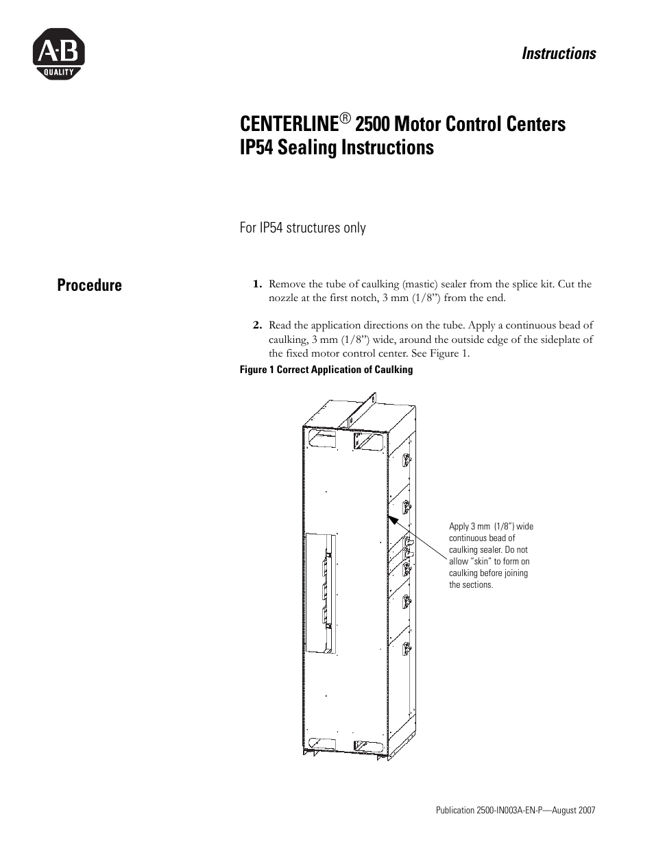 Rockwell Automation 2500 CENTERLINE Motor Control Centers IP54 Sealing Instructions User Manual | 2 pages
