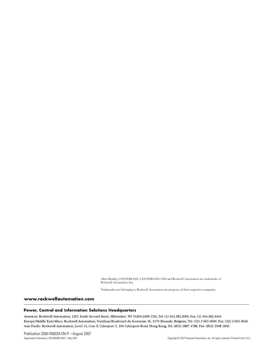 Back cover | Rockwell Automation 2500 CENTERLINE Motor Control Centers IP54 Sealing Instructions User Manual | Page 2 / 2