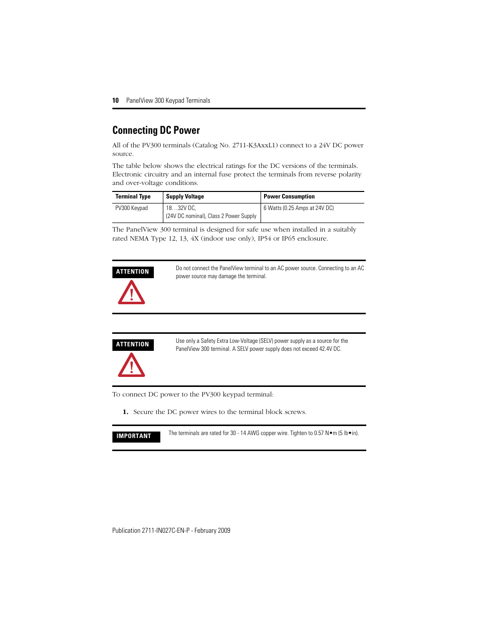 Connecting dc power | Rockwell Automation 2711 PanelView 300 Keypad Terminal Installation Instructions User Manual | Page 10 / 12
