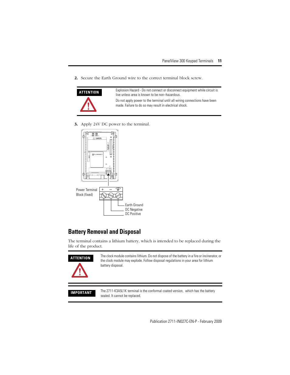 Battery removal and disposal | Rockwell Automation 2711 PanelView 300 Keypad Terminal Installation Instructions User Manual | Page 11 / 12