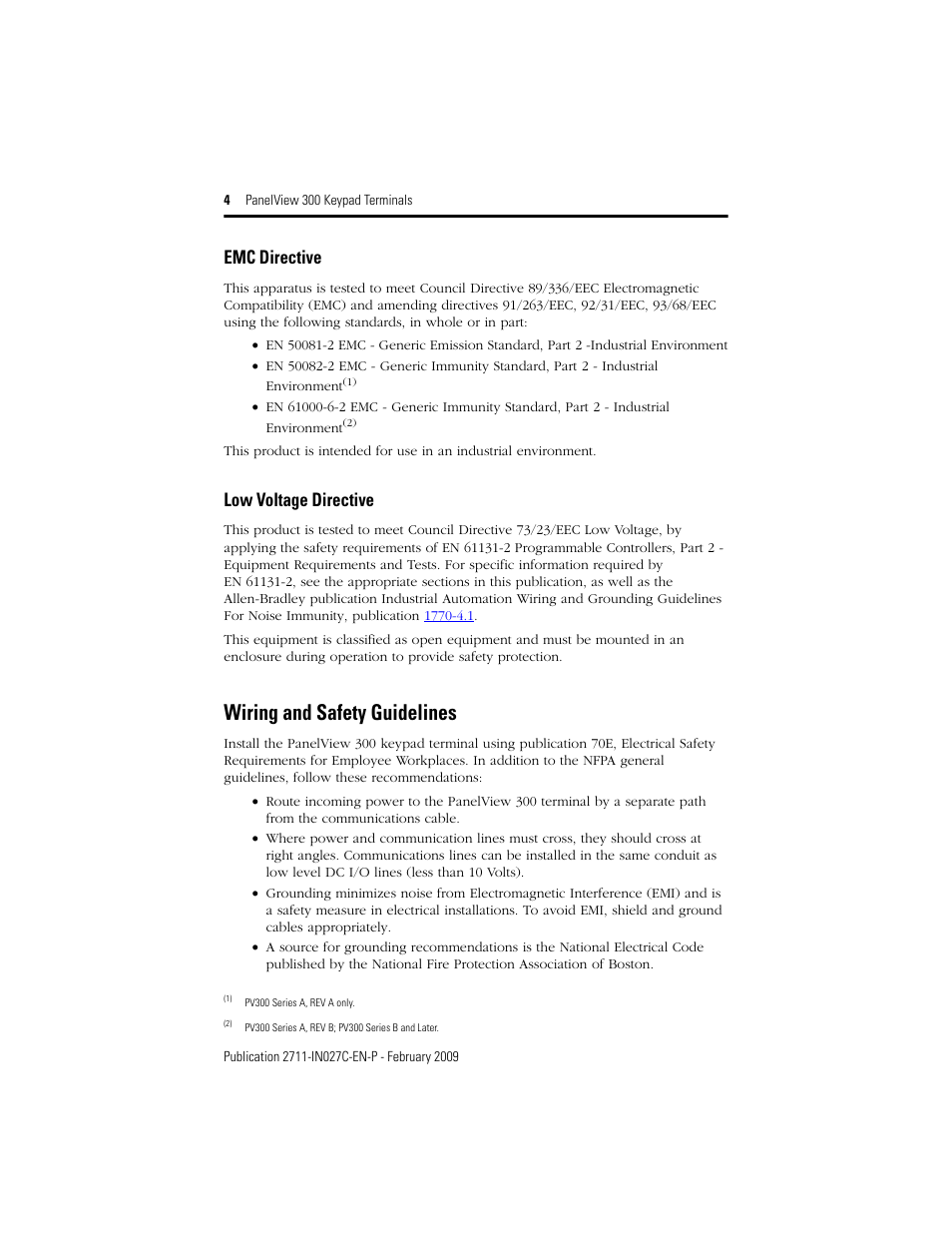 Wiring and safety guidelines, Emc directive, Low voltage directive | Rockwell Automation 2711 PanelView 300 Keypad Terminal Installation Instructions User Manual | Page 4 / 12