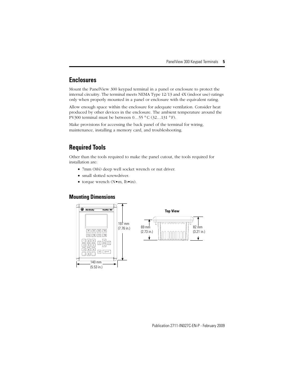 Enclosures, Required tools, Mounting dimensions | Rockwell Automation 2711 PanelView 300 Keypad Terminal Installation Instructions User Manual | Page 5 / 12