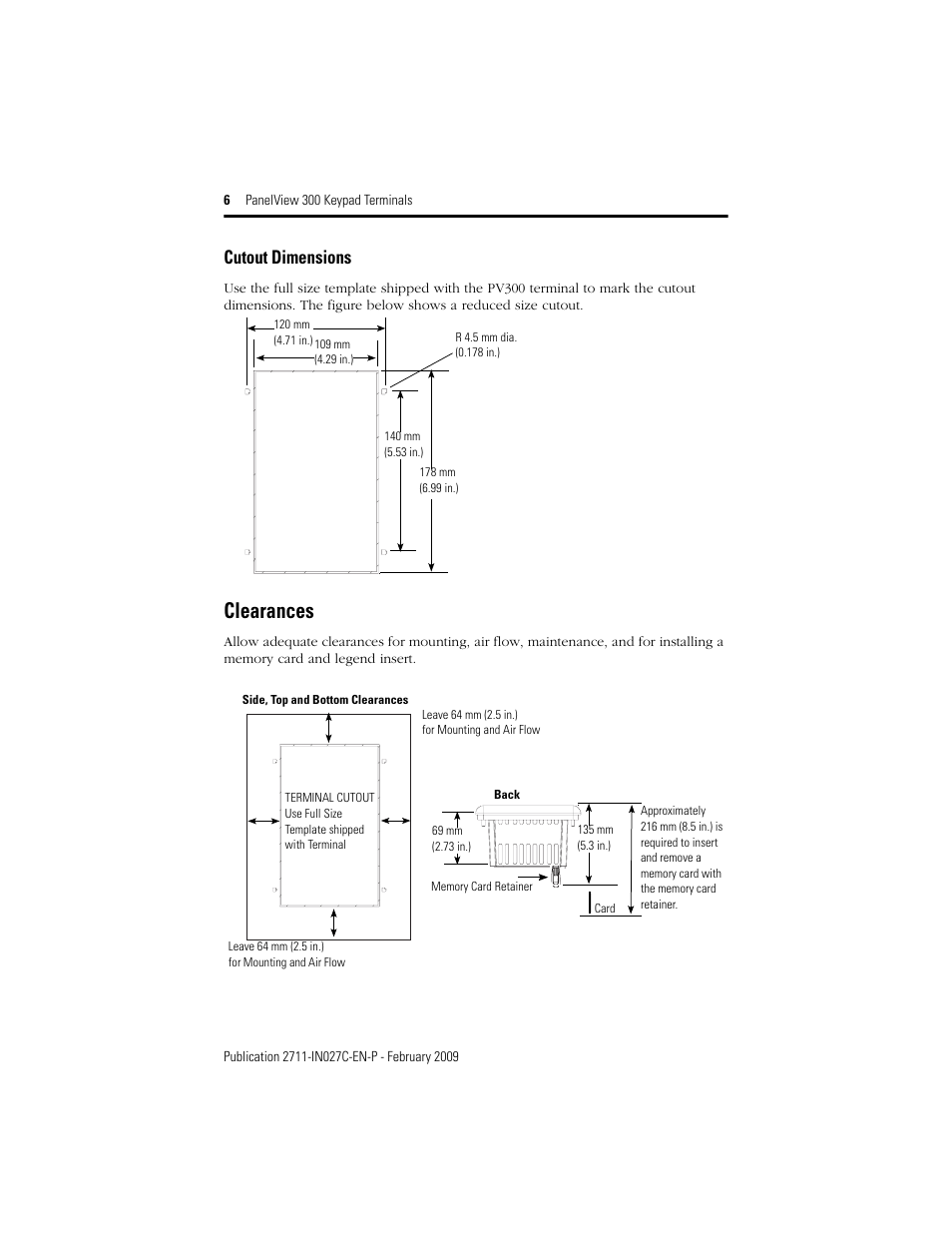 Clearances, Cutout dimensions | Rockwell Automation 2711 PanelView 300 Keypad Terminal Installation Instructions User Manual | Page 6 / 12