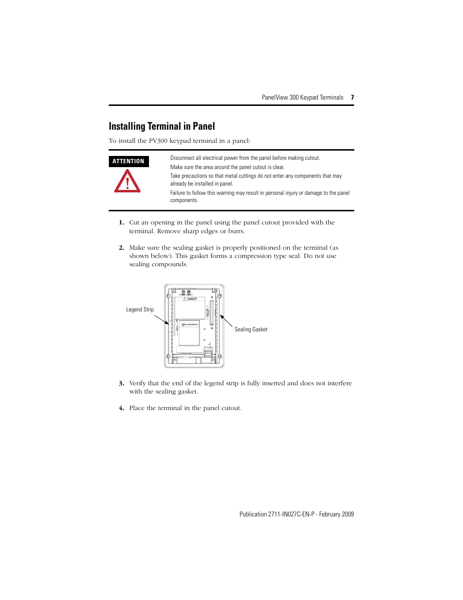 Installing terminal in panel | Rockwell Automation 2711 PanelView 300 Keypad Terminal Installation Instructions User Manual | Page 7 / 12