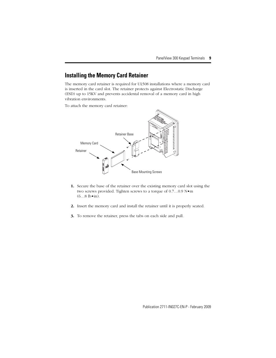 Installing the memory card retainer | Rockwell Automation 2711 PanelView 300 Keypad Terminal Installation Instructions User Manual | Page 9 / 12