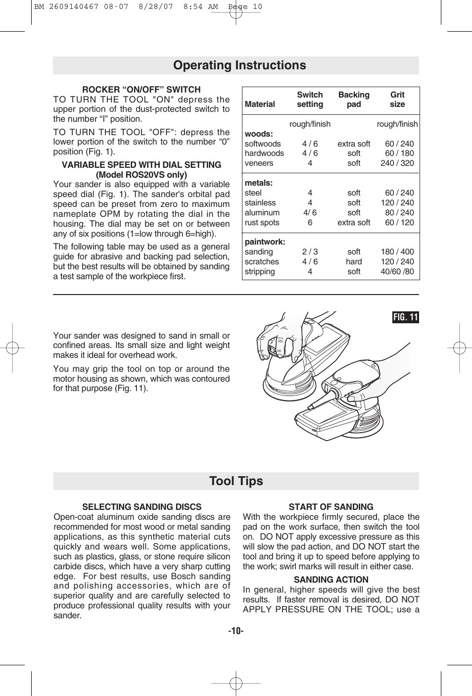 Tool tips, Operating instructions | Bosch ROS10 User Manual | Page 10 / 36