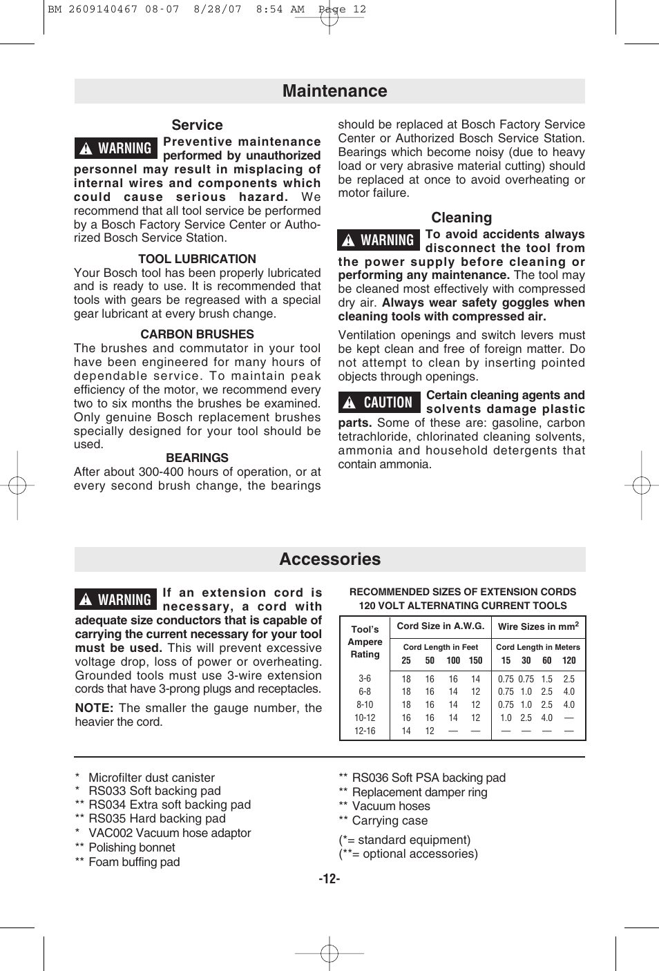 Maintenance, Accessories, Service | Cleaning, Warning, Caution | Bosch ROS10 User Manual | Page 12 / 36