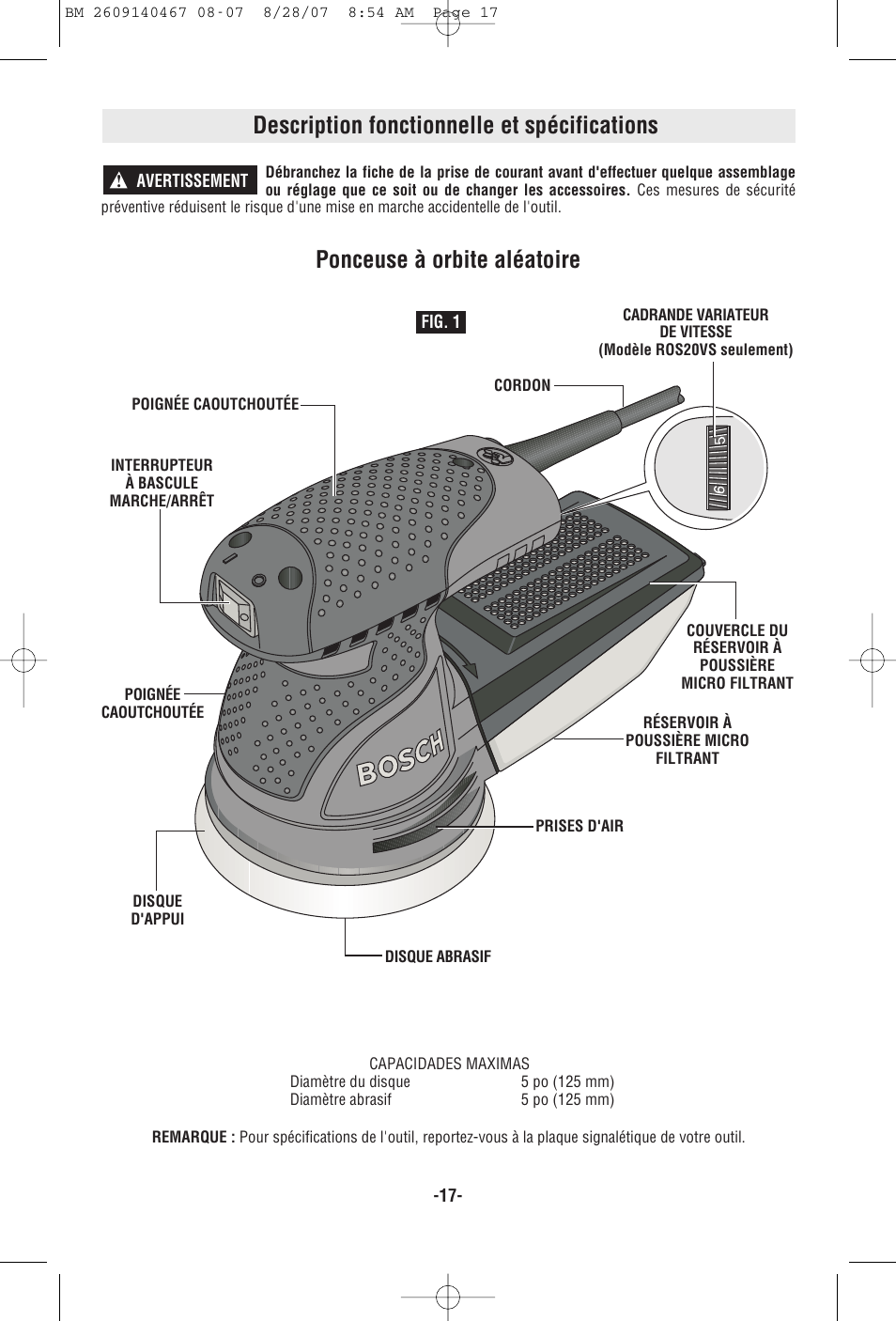 Description fonctionnelle et spécifications, Ponceuse à orbite aléatoire | Bosch ROS10 User Manual | Page 17 / 36