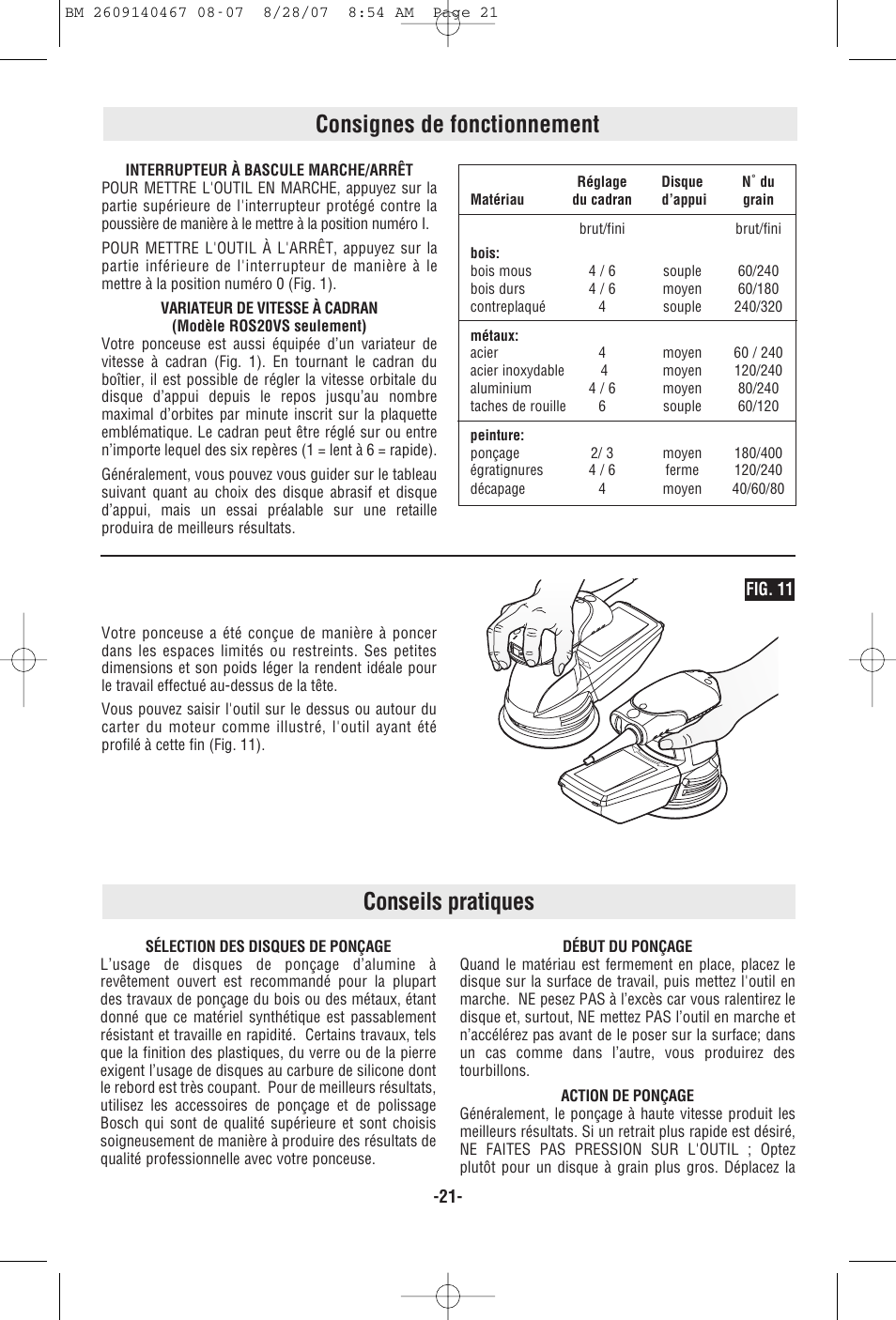 Consignes de fonctionnement, Conseils pratiques | Bosch ROS10 User Manual | Page 21 / 36