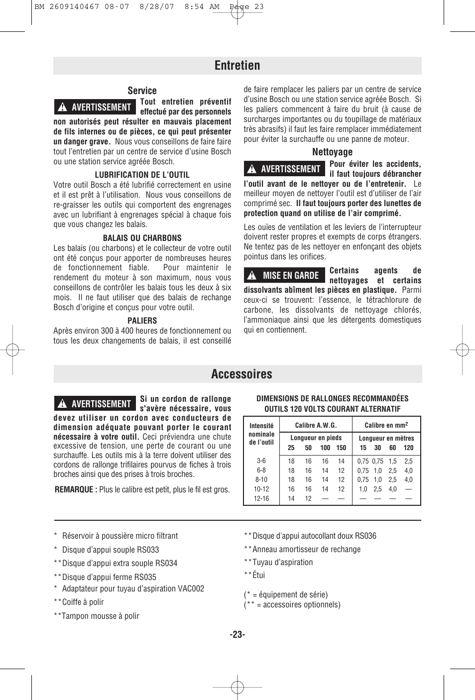 Entretien, Accessoires, Service | Nettoyage | Bosch ROS10 User Manual | Page 23 / 36