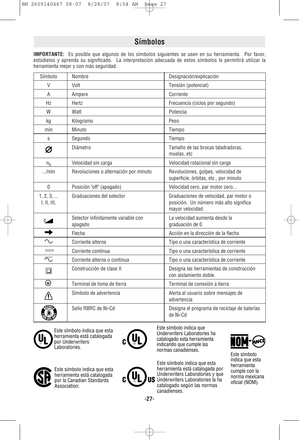 Símbolos | Bosch ROS10 User Manual | Page 27 / 36