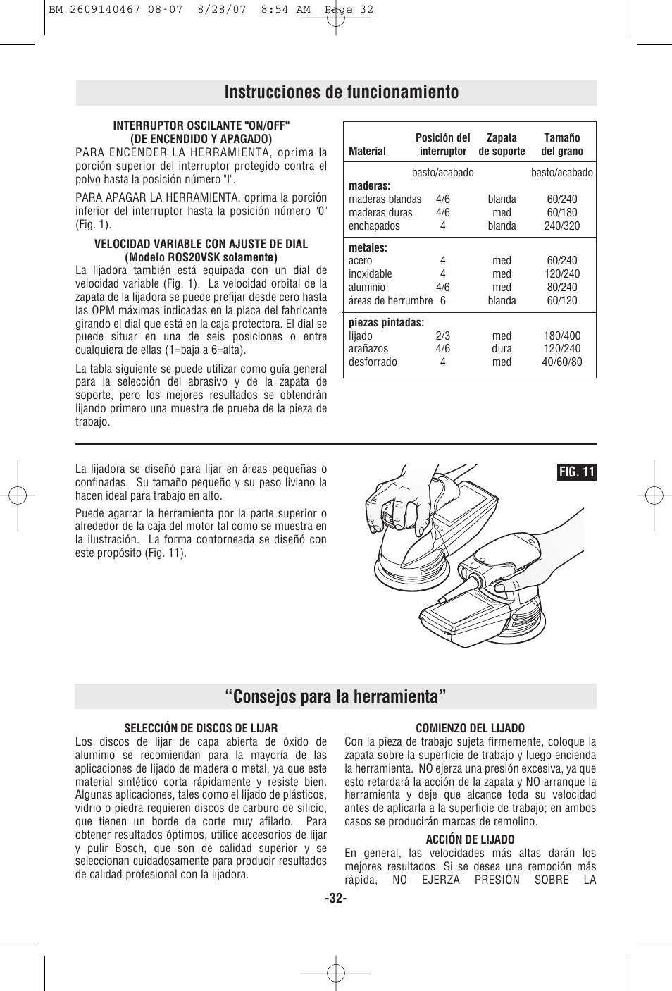 Consejos para la herramienta, Instrucciones de funcionamiento | Bosch ROS10 User Manual | Page 32 / 36