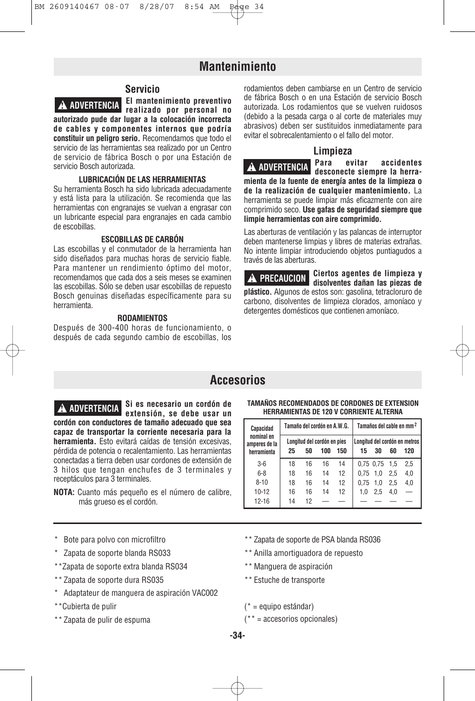 Accesorios, Mantenimiento, Servicio | Limpieza | Bosch ROS10 User Manual | Page 34 / 36