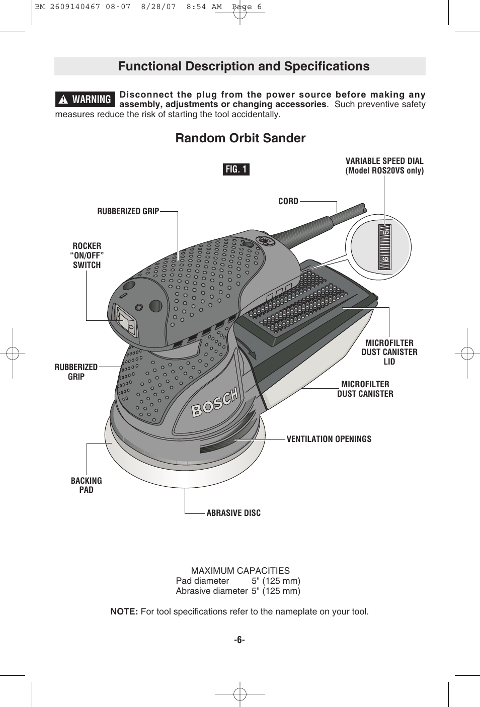 Functional description and specifications, Random orbit sander | Bosch ROS10 User Manual | Page 6 / 36