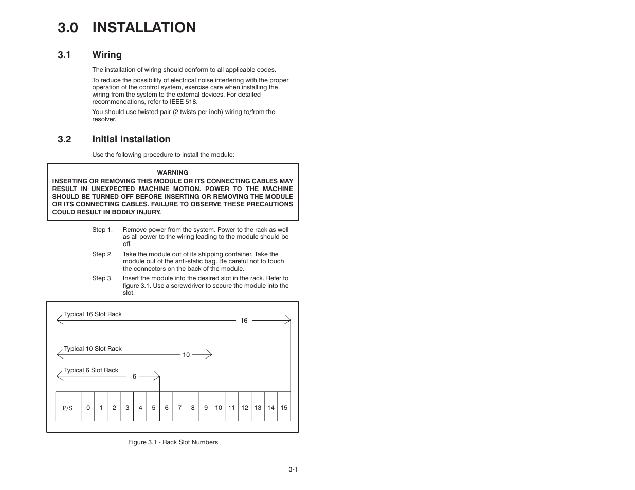 0 installation, 1 wiring, 2 initial installation | Rockwell Automation 57C411 Resolver Input Module User Manual | Page 13 / 46