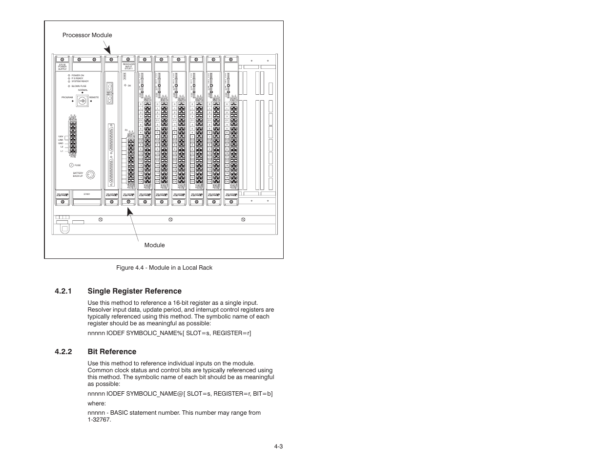 1 single register reference, 2 bit reference, Processor module module | Figure 4.4 ć module in a local rack | Rockwell Automation 57C411 Resolver Input Module User Manual | Page 21 / 46
