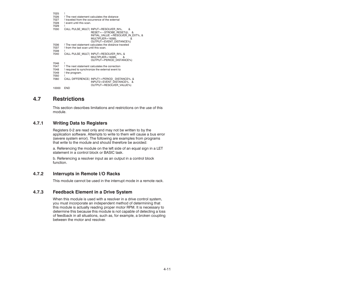 7 restrictions, 1 writing data to registers, 2 interrupts in remote i/o racks | 3 feedback elementin a drive system | Rockwell Automation 57C411 Resolver Input Module User Manual | Page 29 / 46