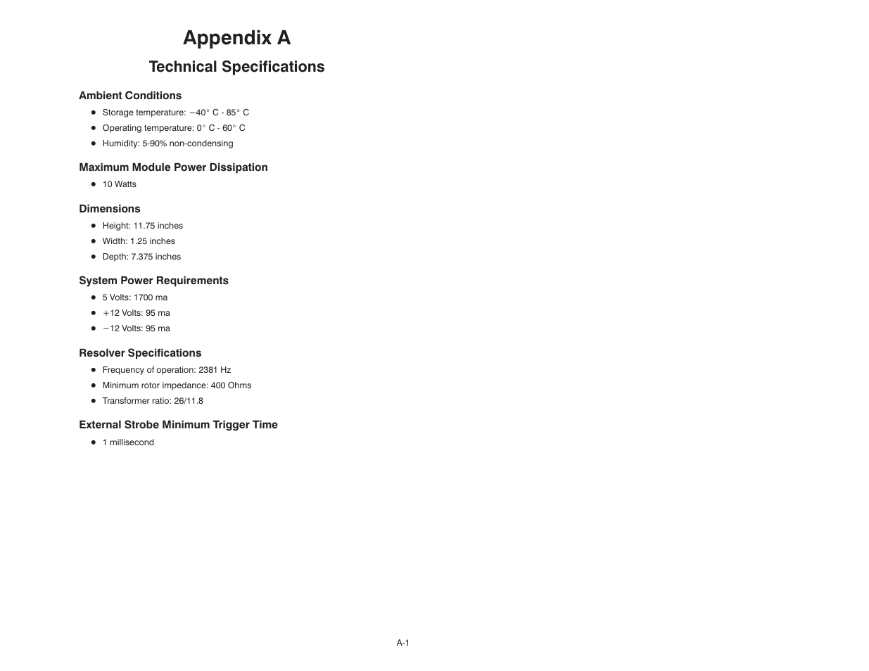 A technical specifications, Appendixa, Technical specifications | Rockwell Automation 57C411 Resolver Input Module User Manual | Page 37 / 46