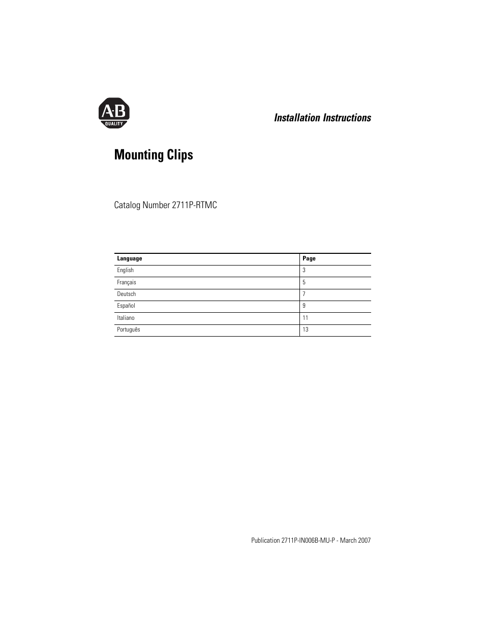 Rockwell Automation 2711P-RTMC Mounting Clips User Manual | 16 pages