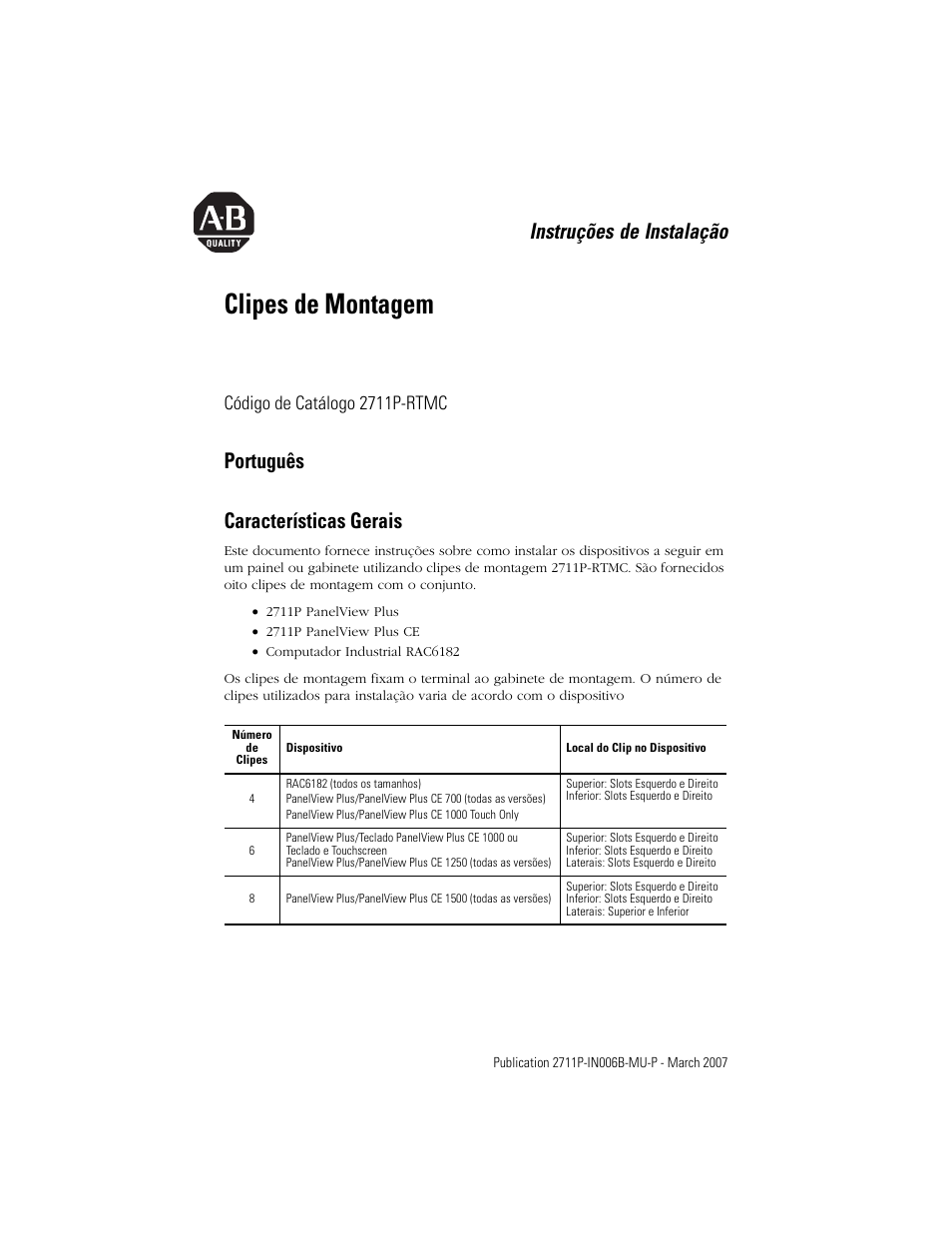 Português, Características gerais, Clipes de montagem | Instruções de instalação, Português características gerais, Código de catálogo 2711p-rtmc | Rockwell Automation 2711P-RTMC Mounting Clips User Manual | Page 13 / 16