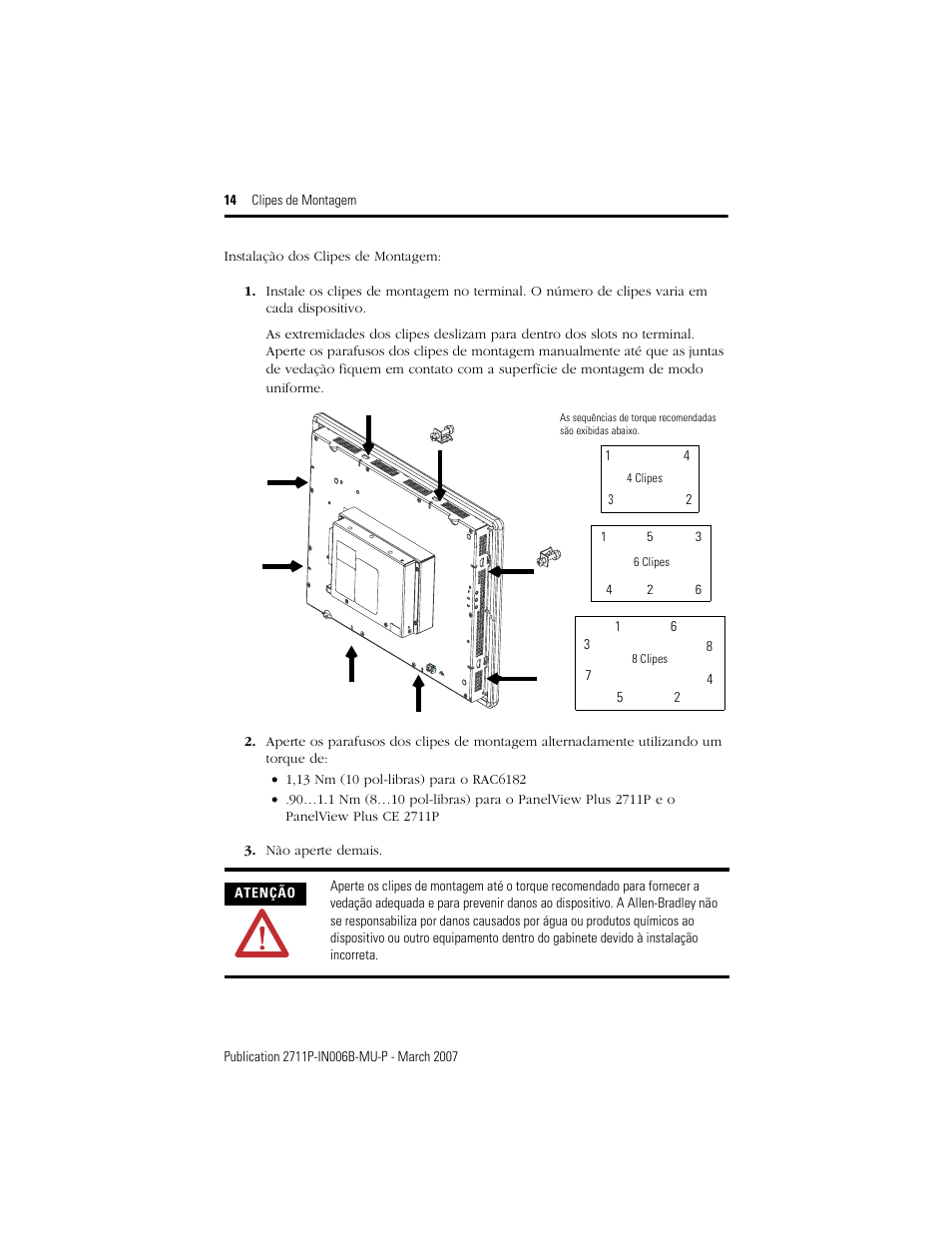 Instalação dos clipes de montagem | Rockwell Automation 2711P-RTMC Mounting Clips User Manual | Page 14 / 16