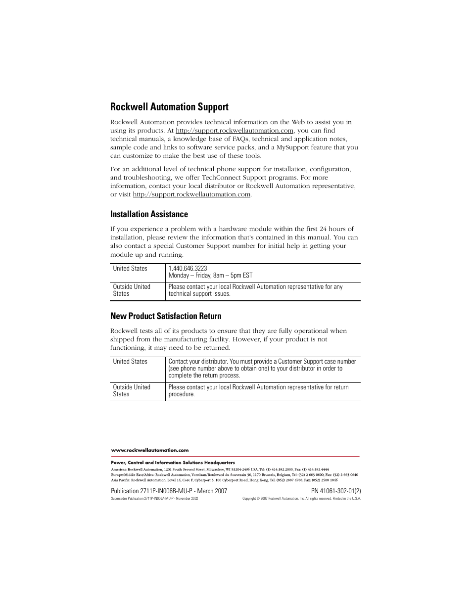 Back cover, Rockwell automation support, Installation assistance | New product satisfaction return | Rockwell Automation 2711P-RTMC Mounting Clips User Manual | Page 16 / 16