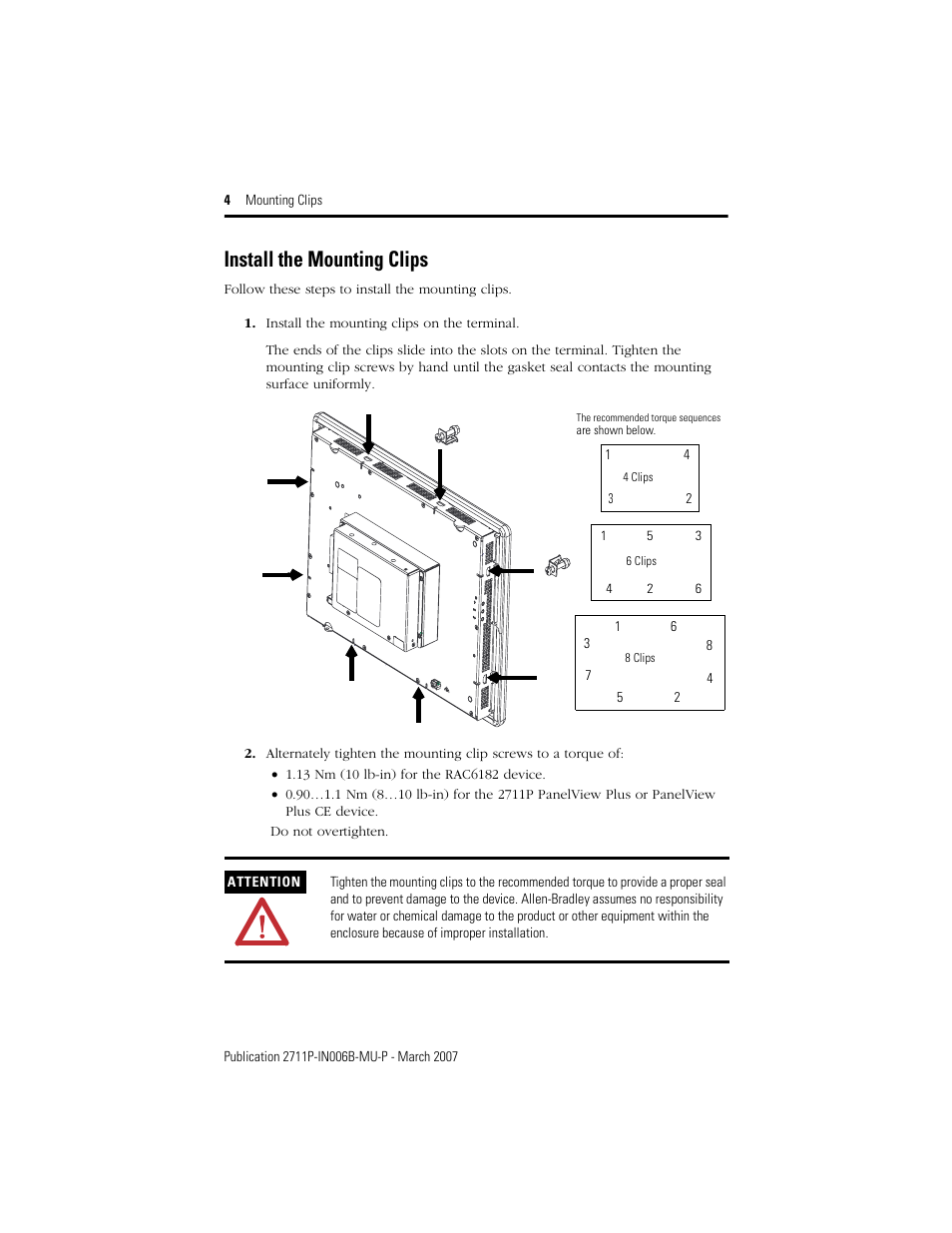 Follow these steps to install the mounting clips, Install the mounting clips | Rockwell Automation 2711P-RTMC Mounting Clips User Manual | Page 4 / 16