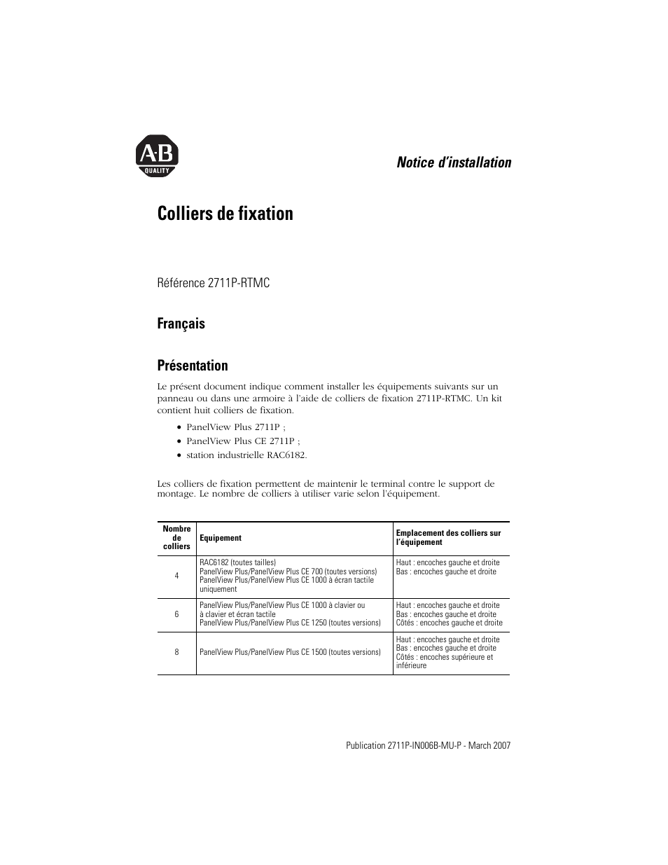 Français, Présentation, Colliers de fixation | Notice d’installation, Français présentation, Référence 2711p-rtmc | Rockwell Automation 2711P-RTMC Mounting Clips User Manual | Page 5 / 16