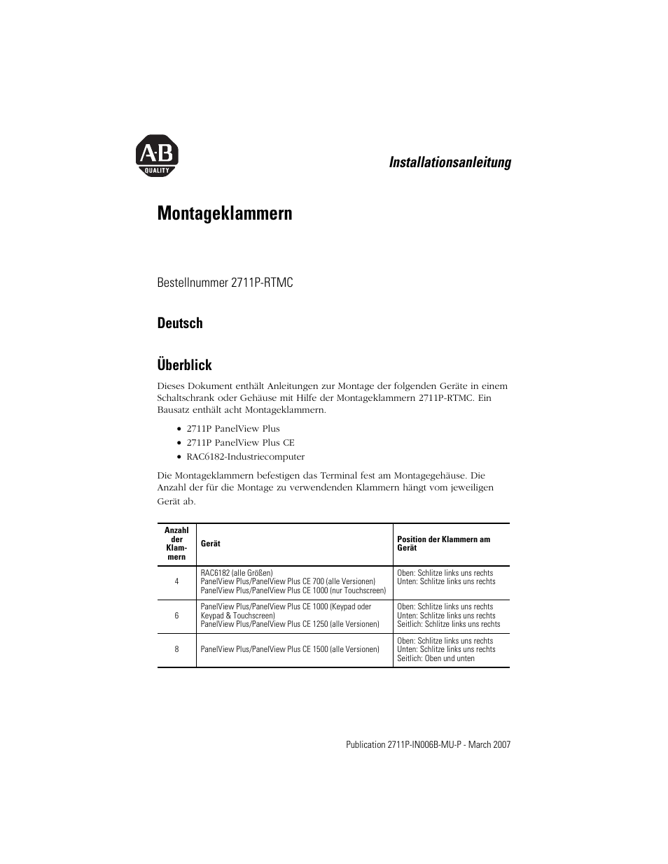 Deutsch, Überblick, Montageklammern | Installationsanleitung, Deutsch überblick, Bestellnummer 2711p-rtmc | Rockwell Automation 2711P-RTMC Mounting Clips User Manual | Page 7 / 16