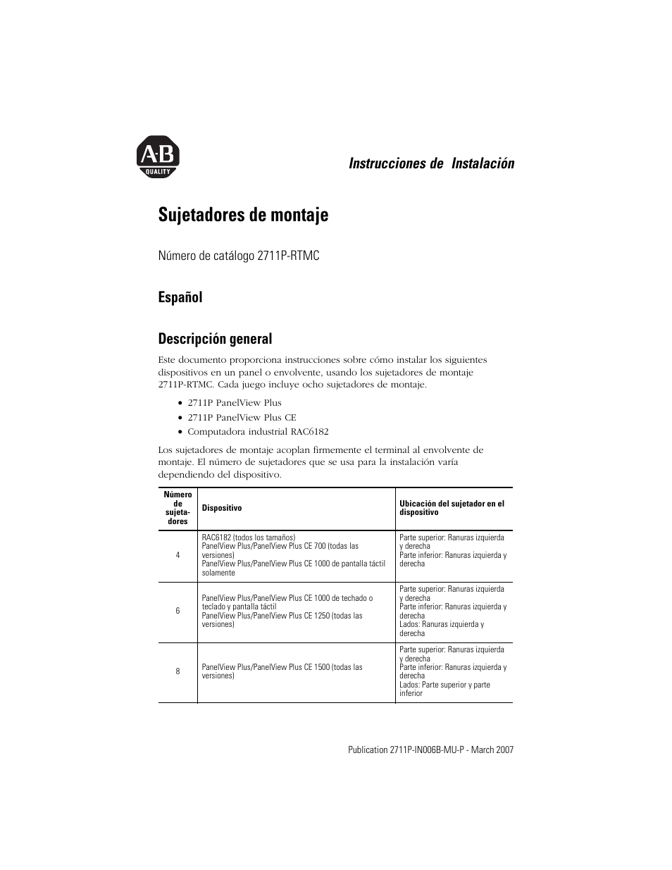 Español, Descripción general, Sujetadores de montaje | Instrucciones de instalación, Español descripción general, Número de catálogo 2711p-rtmc | Rockwell Automation 2711P-RTMC Mounting Clips User Manual | Page 9 / 16