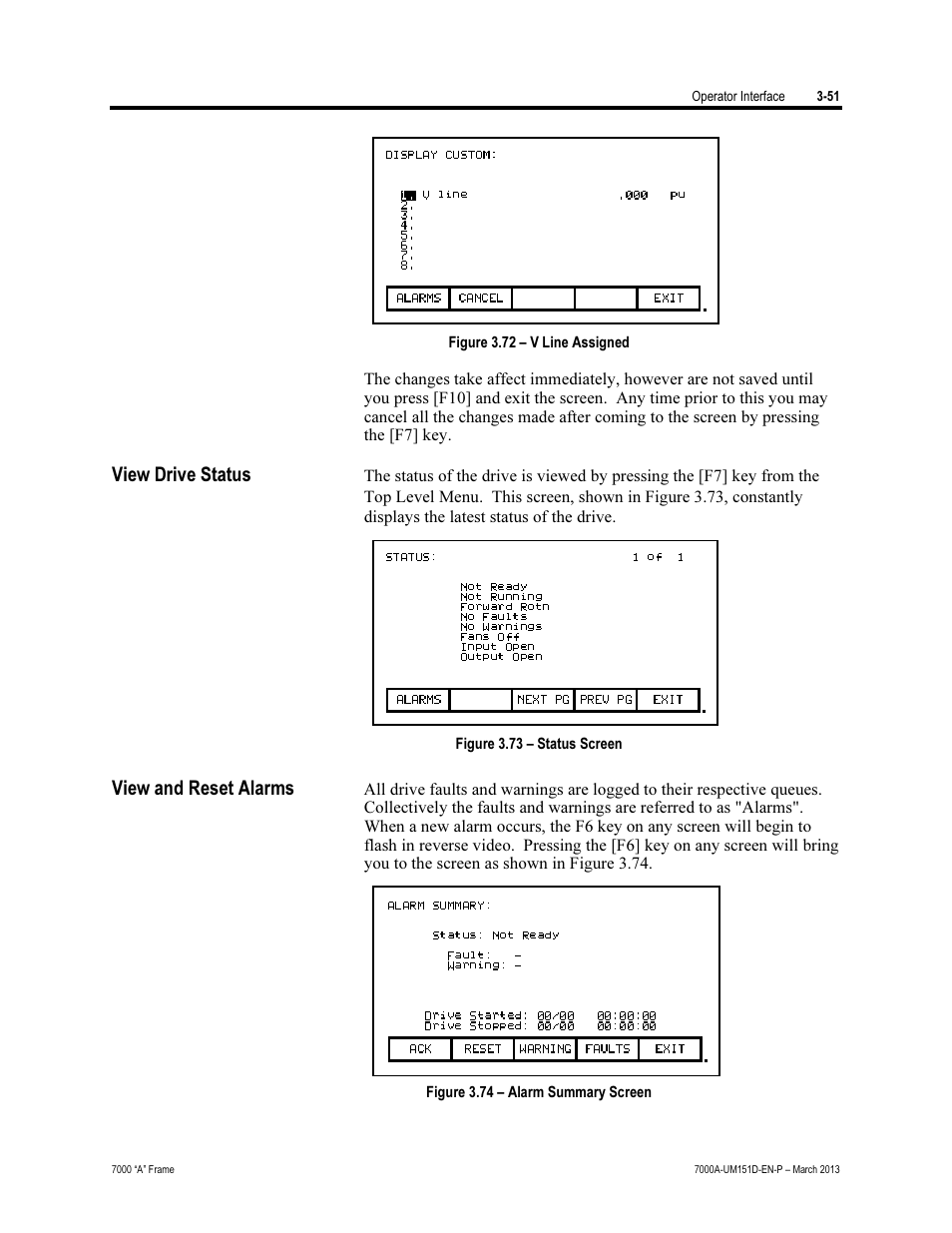 View drive status, View and reset alarms | Rockwell Automation 7000A PowerFlex Medium Voltage AC Drive (A Frame) - ForGe Control (PanelView 550) User Manual | Page 111 / 222