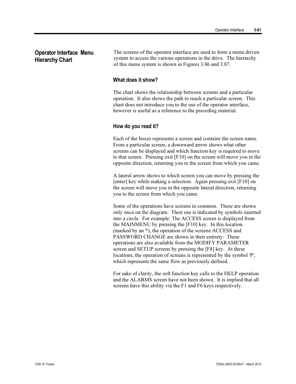 Operator interface menu hierarchy chart | Rockwell Automation 7000A PowerFlex Medium Voltage AC Drive (A Frame) - ForGe Control (PanelView 550) User Manual | Page 121 / 222